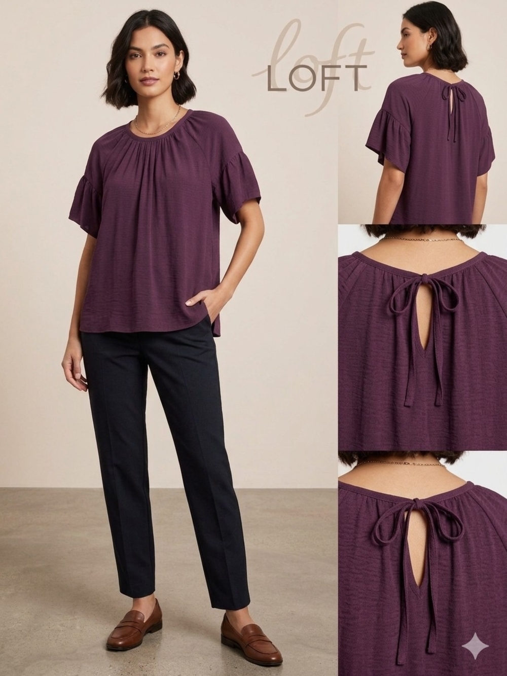 LOFT Plum Short Sleeve Tie-Back Blouse